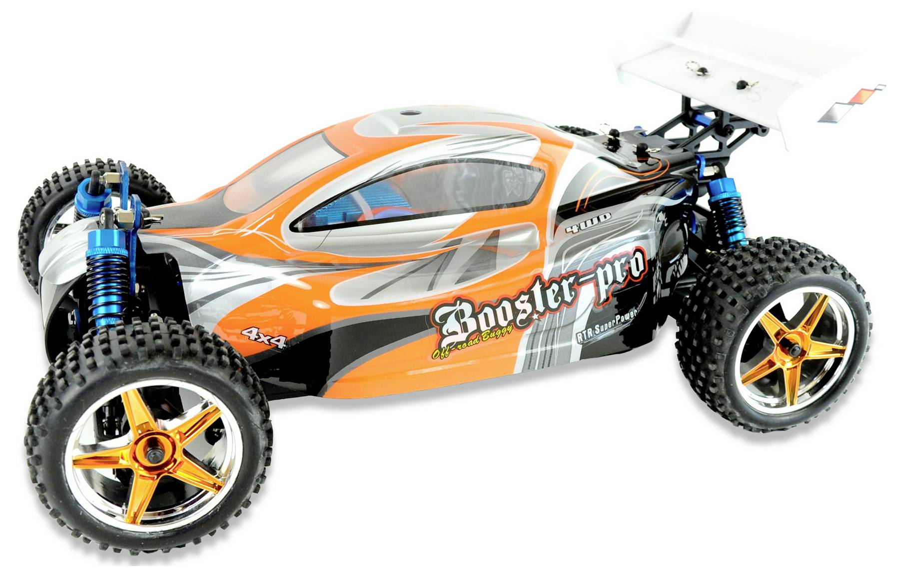 Une voiture télécommandée orange et noire avec de grandes roues, un aileron arrière et l'inscription 'Booster-pro' sur le côté.