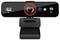 Webcam avec résolution Full HD 1080p ; objectif central avec anneau rouge, LED, microphone et support à clip.
