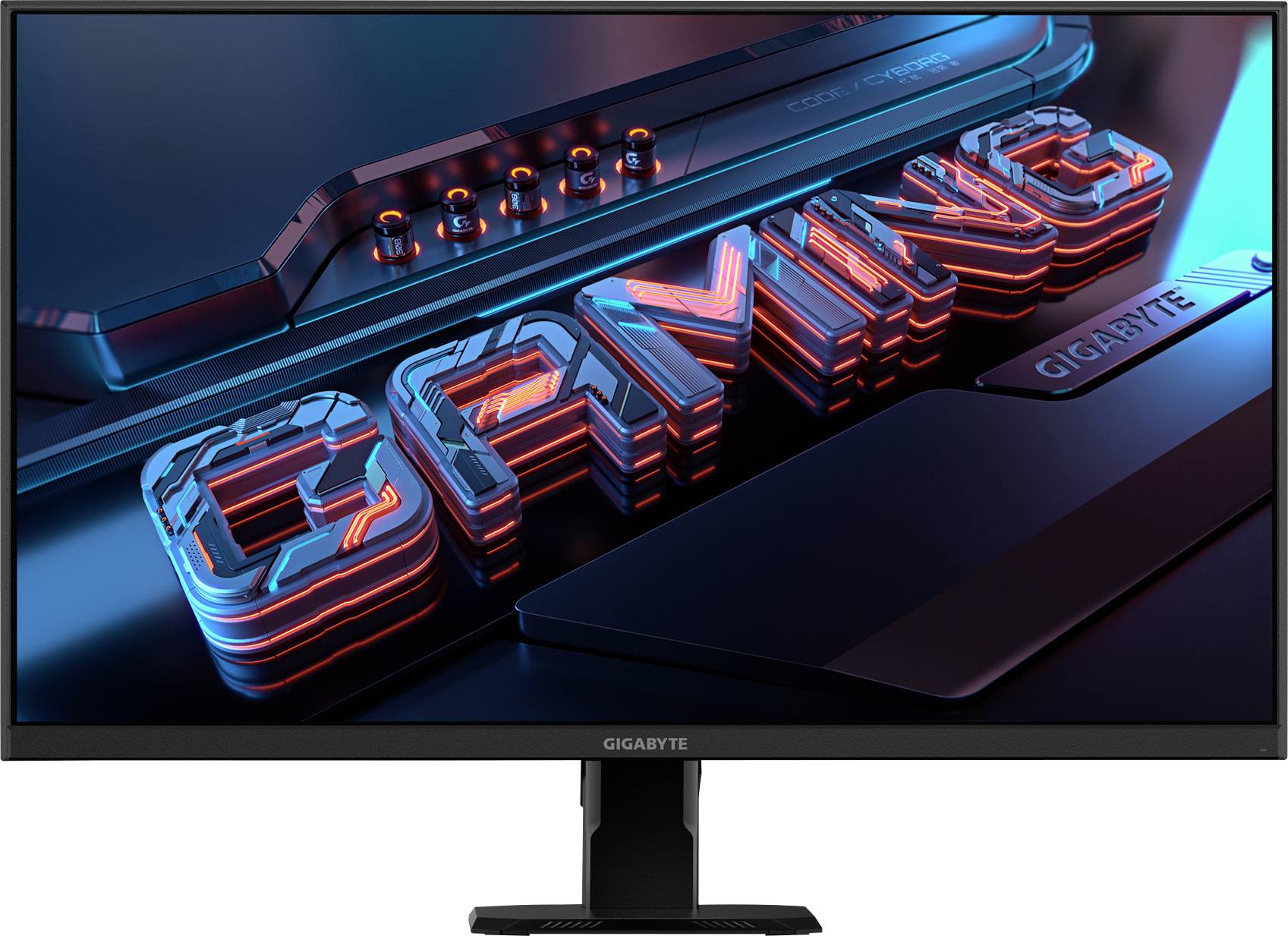 Un écran d'ordinateur affiche le mot 'GAMING' en lettres néon bleu et rouge. Des touches lumineuses sont visibles en haut de l'écran.