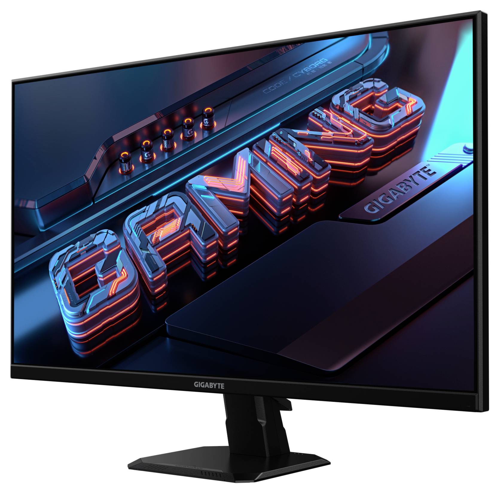 Un écran d'ordinateur affiche le mot « GAMING » en lettres lumineuses sur un fond sombre et futuriste.