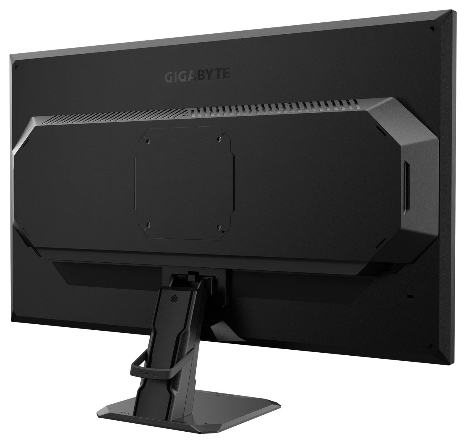 Un écran d'ordinateur noir de la marque Gigabyte, vu de dos, monté sur un support.