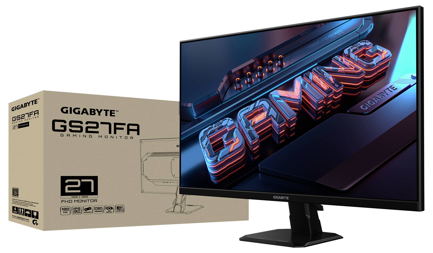 Un moniteur de 27 pouces de Gigabyte, modèle GS21FA, à côté de son emballage. Sur l'écran, le mot 'GAMING' est affiché en lettres rouges lumineuses.