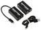 Deux modules d'extension noirs 4K avec des ports HDMI et USB de type C. Un câble USB avec connecteur Micro-USB est posé à côté.