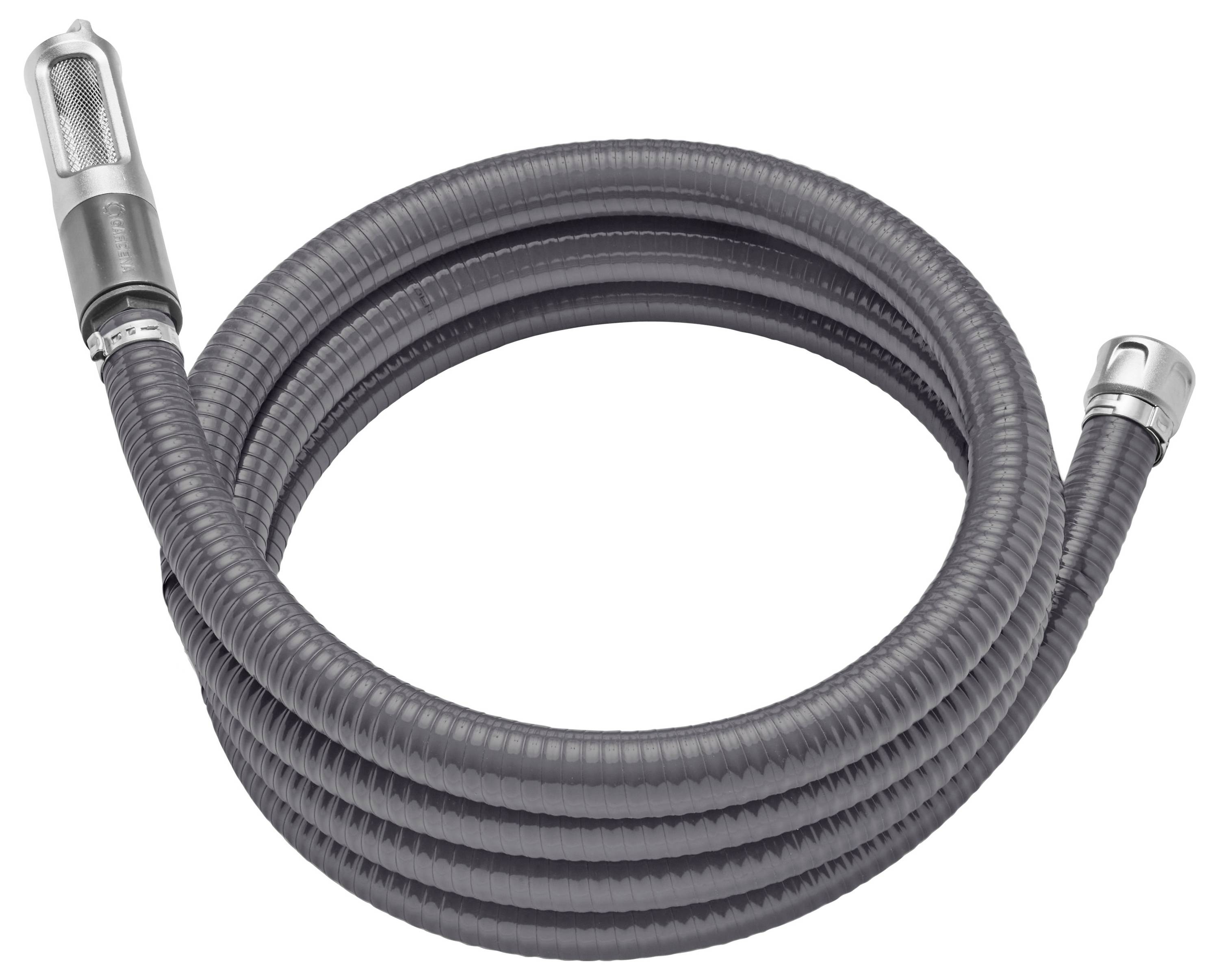 Tuyau flexible haute pression gris, avec raccords en acier inoxydable aux deux extrémités.
