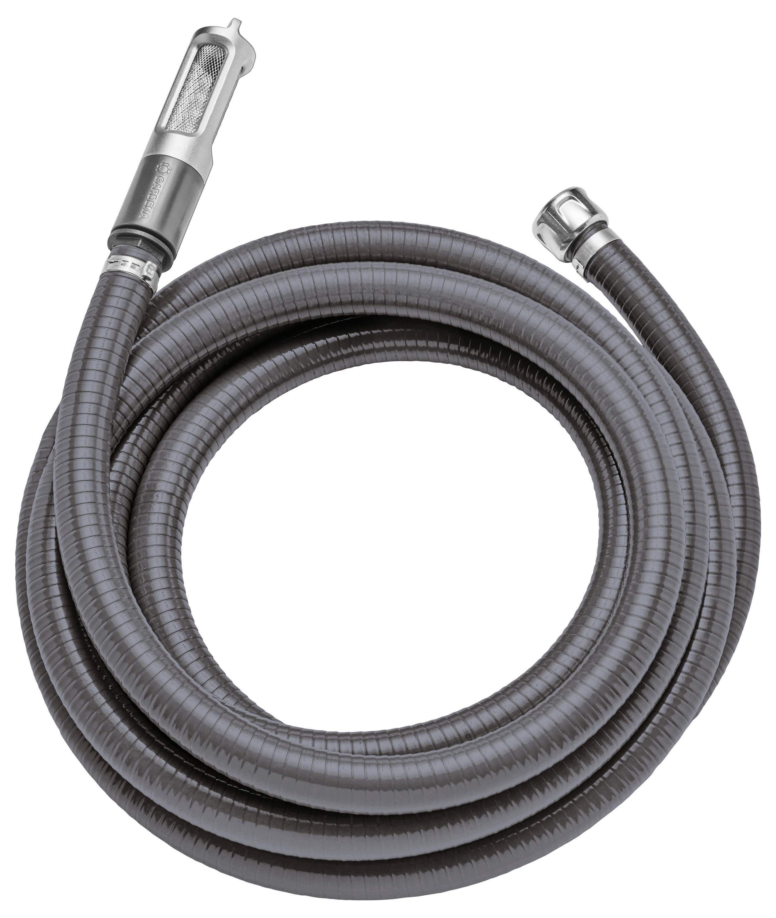 Tuyau métallique flexible gris, enroulé, avec raccords métalliques aux deux extrémités, adapté aux applications sanitaires.