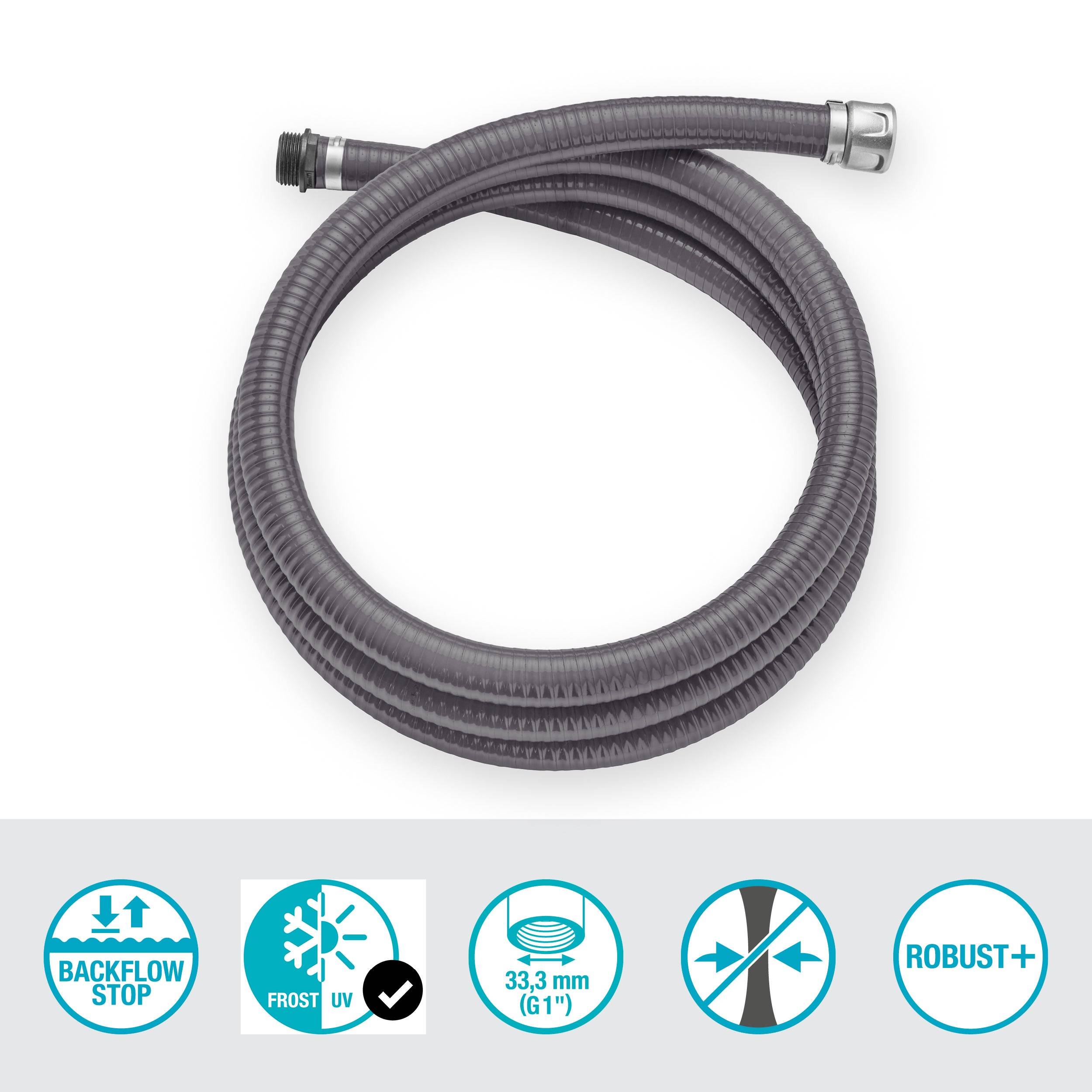 Tuyau d'arrosage gris avec protection antigel et anti-UV, longueur 33,3 mm. Les symboles indiquent l'arrêt du reflux et la robustesse.