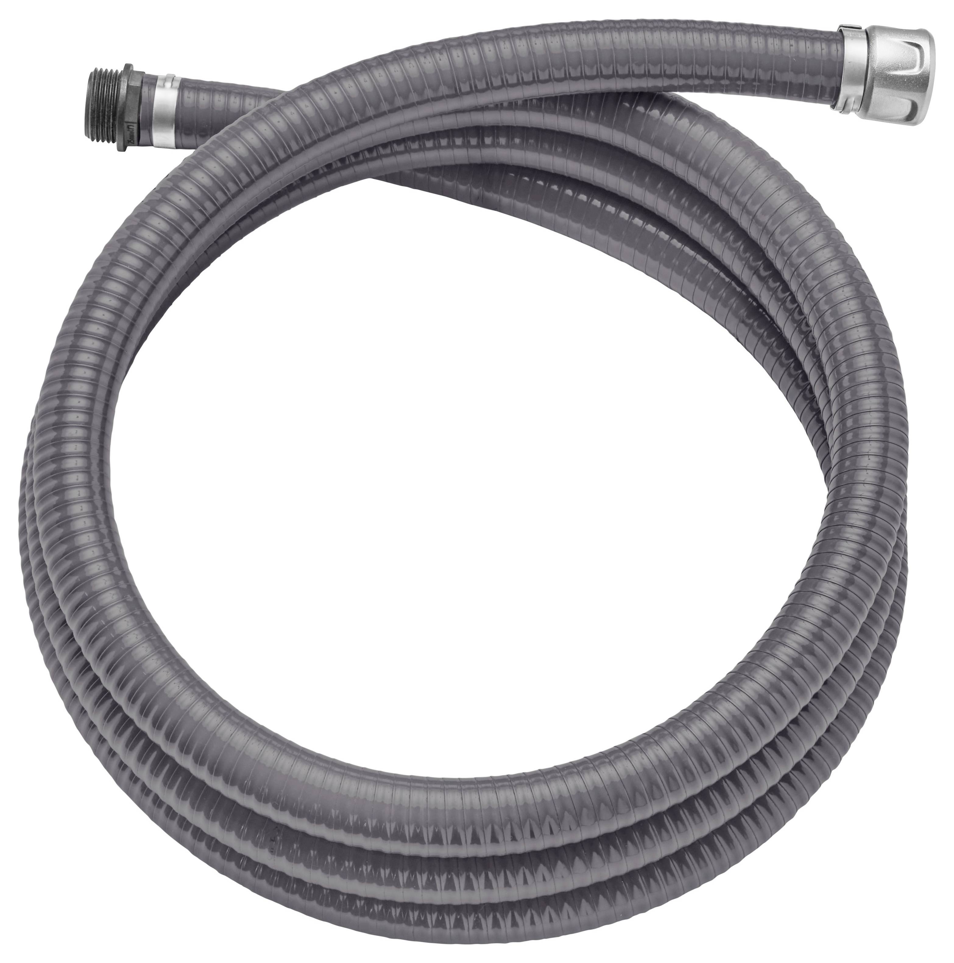 Tuyau ondulé gris, enroulé, avec des raccords aux deux extrémités. Adapté pour les raccordements d'eau ou les applications de drainage.
