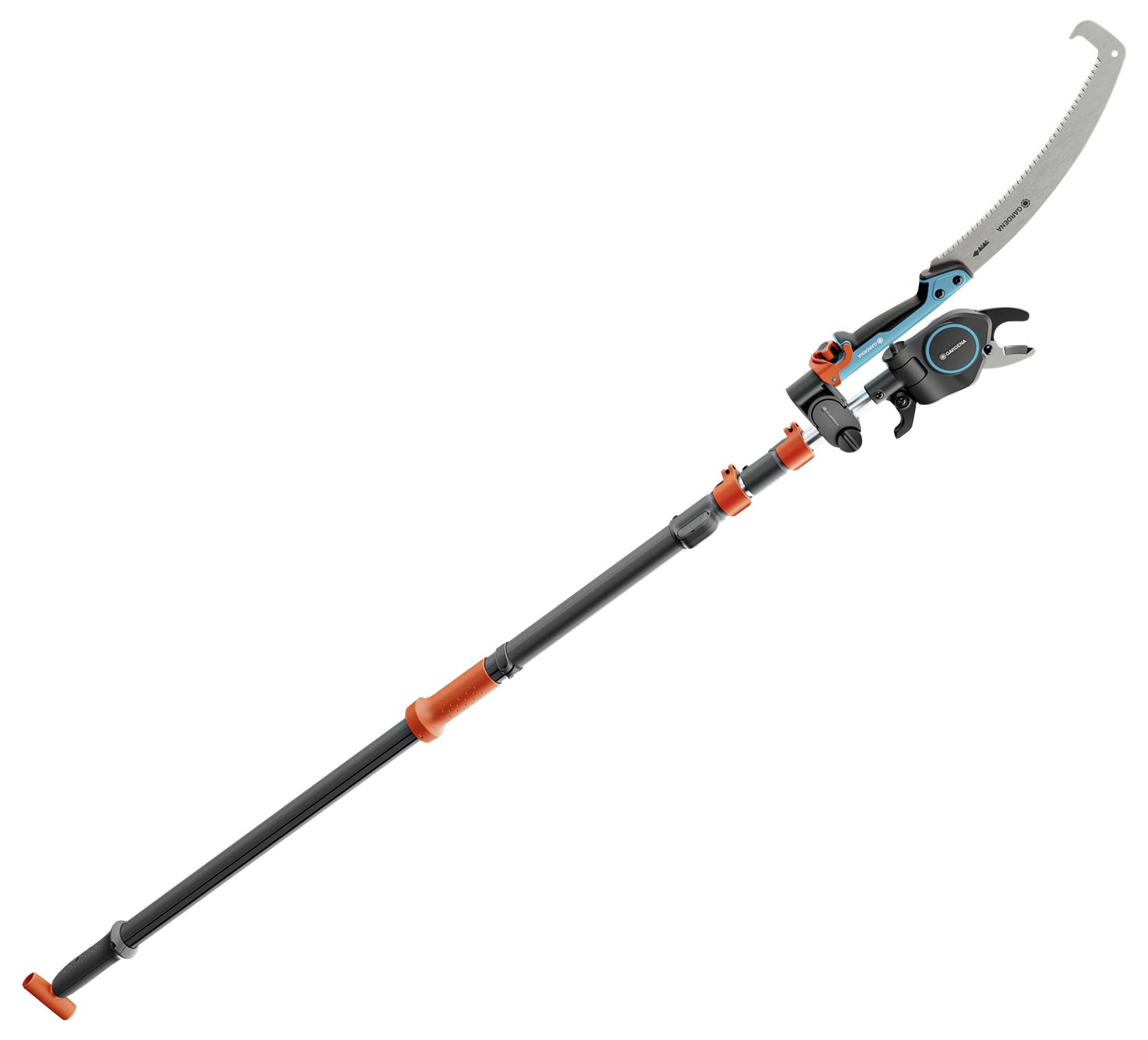 Scie télescopique pour élagage avec poignée rouge, manche réglable long et lame grise, adaptée pour couper des branches hautes.