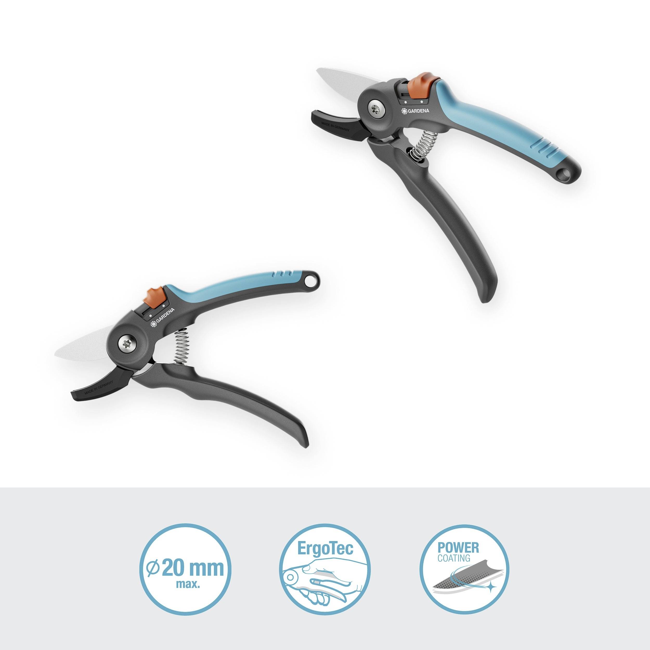 Sécateur à poignée bleue et mécanisme de verrouillage orange, adapté pour les branches jusqu'à 20 mm, doté des technologies 'ErgoTec' et 'Power Coating'.