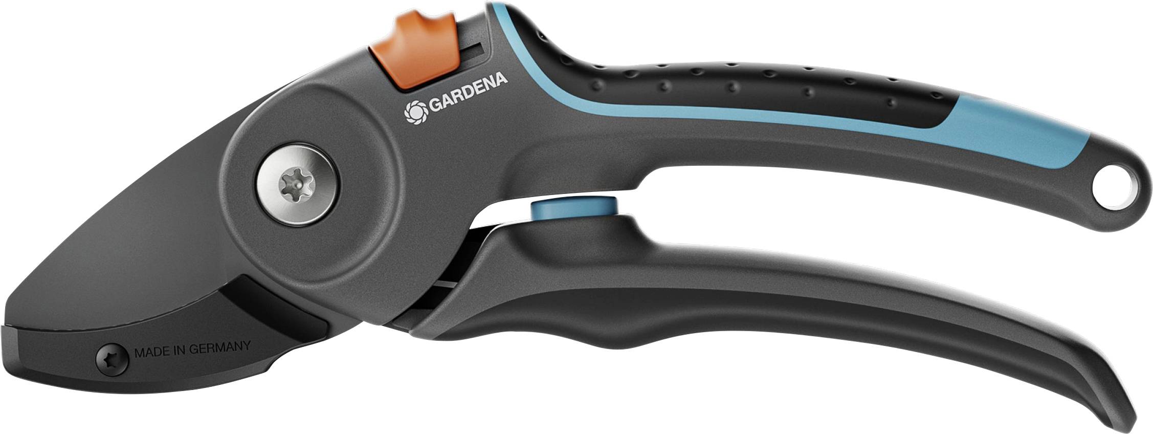 Sécateur en métal et plastique avec poignée ergonomique et système de verrouillage de sécurité orange, adapté à la coupe des branches.