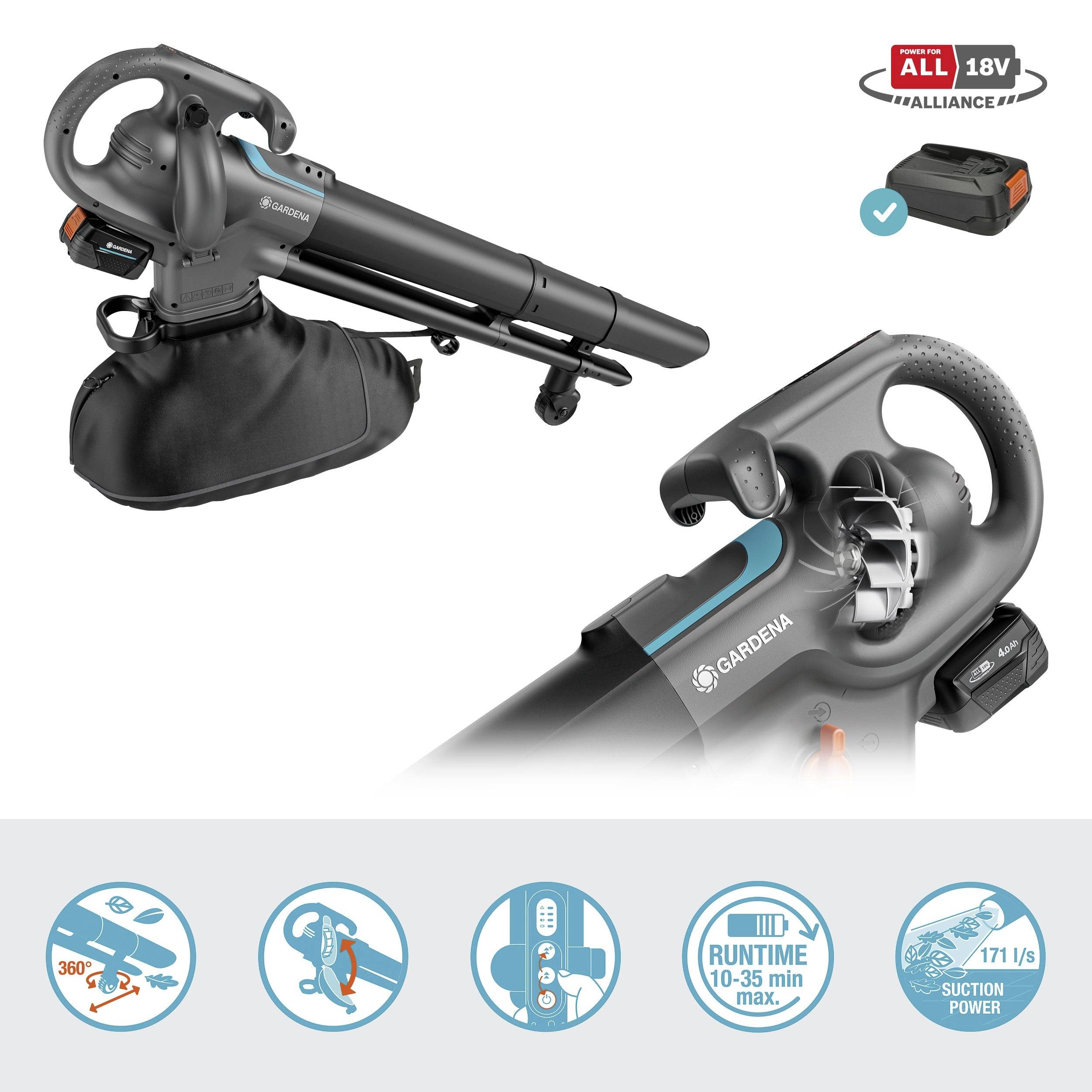Souffleur/aspirateur de feuilles sans fil Gardena avec label Alliance 18V, alimenté par batterie 18V. Contient des symboles représentant les fonctions et la durée de fonctionnement.