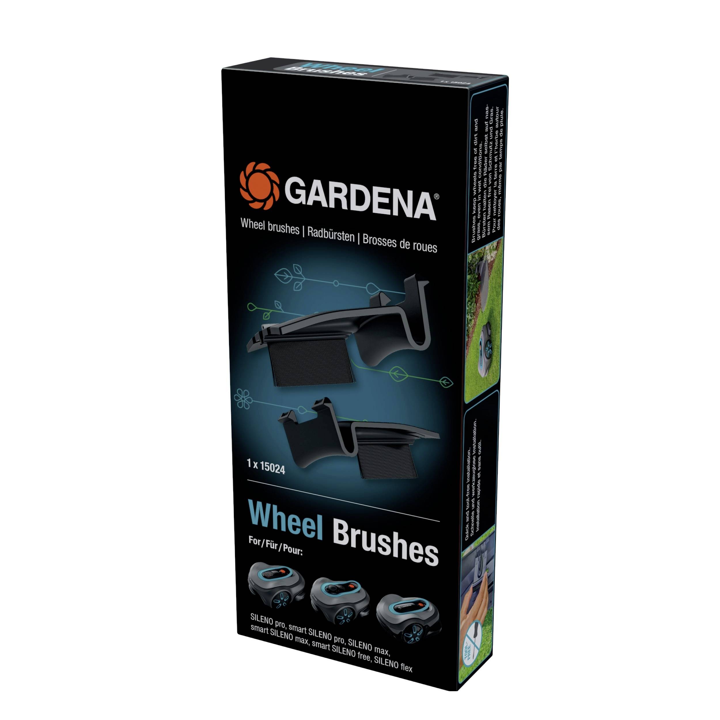 Emballage des brosses de roue Gardena, présente des images du produit et des applications sur des tondeuses à gazon. Conception pour le modèle 15024.