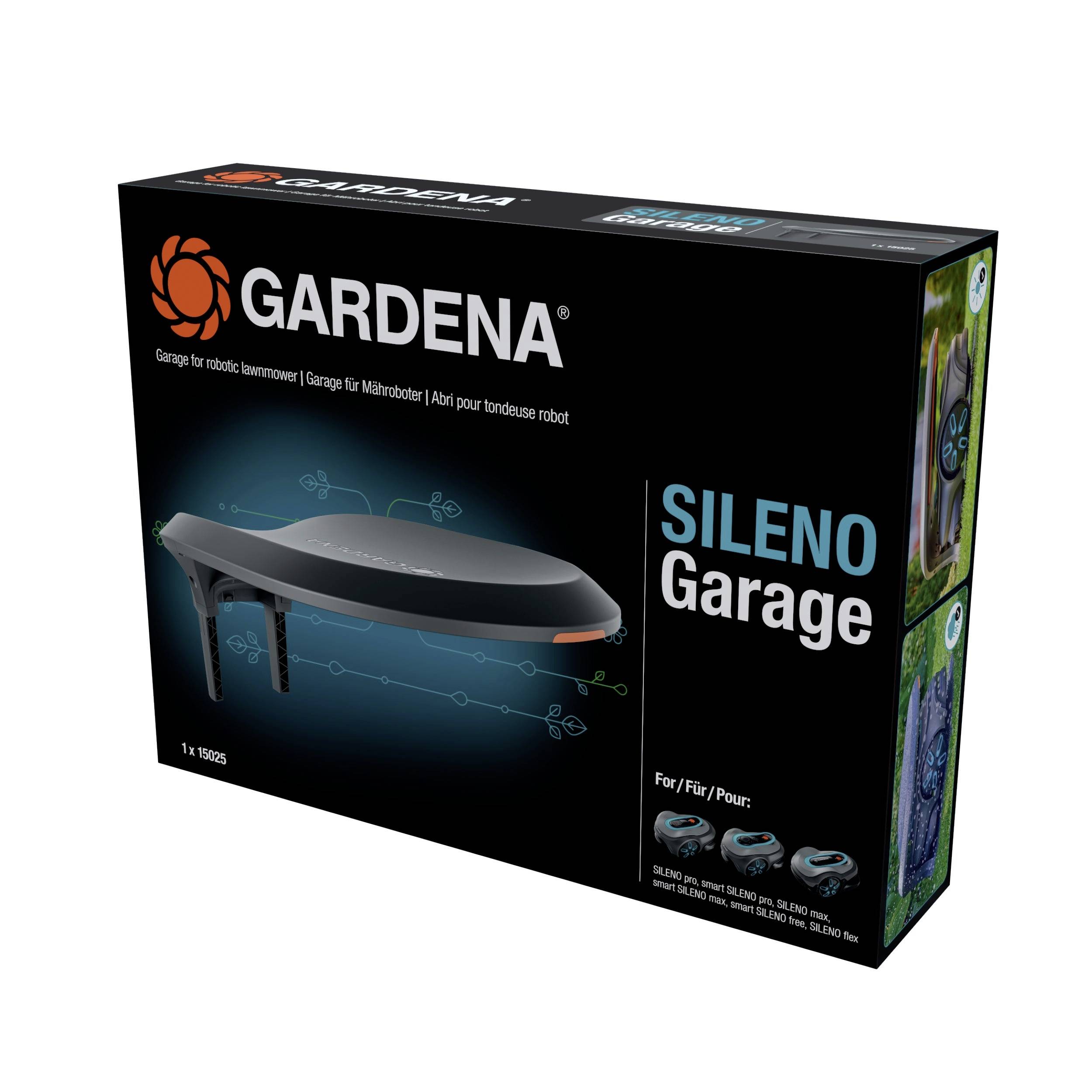 Emballage d'un 'Garage GARDENA Sileno' pour tondeuse robot. Accents noirs et oranges, avec une image du produit sur la face avant.