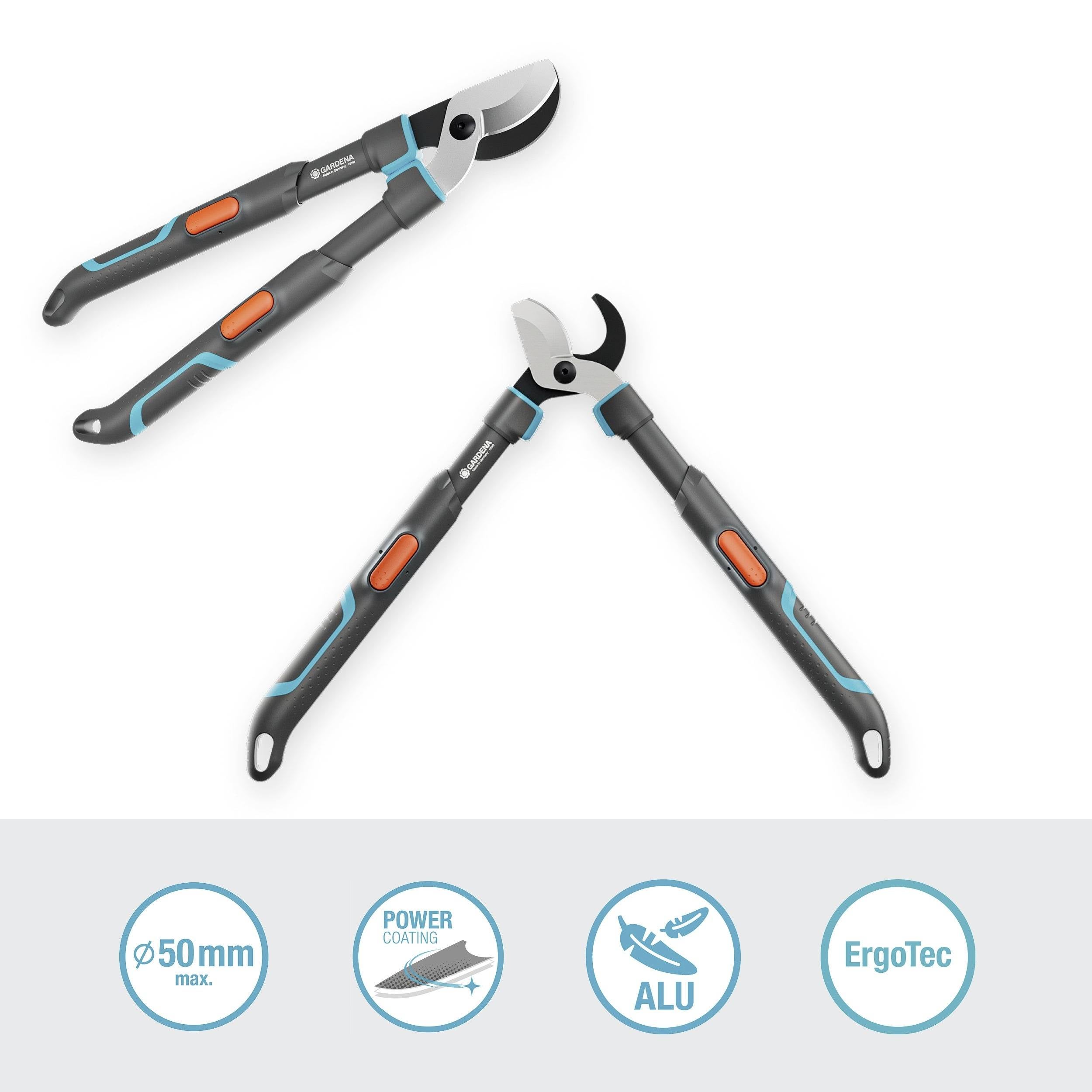 Une paire de sécateurs avec poignées ergonomiques, adaptés pour des branches jusqu'à 50 mm de diamètre. Fonctions supplémentaires : revêtement Power Coating, aluminium, ErgoTec.