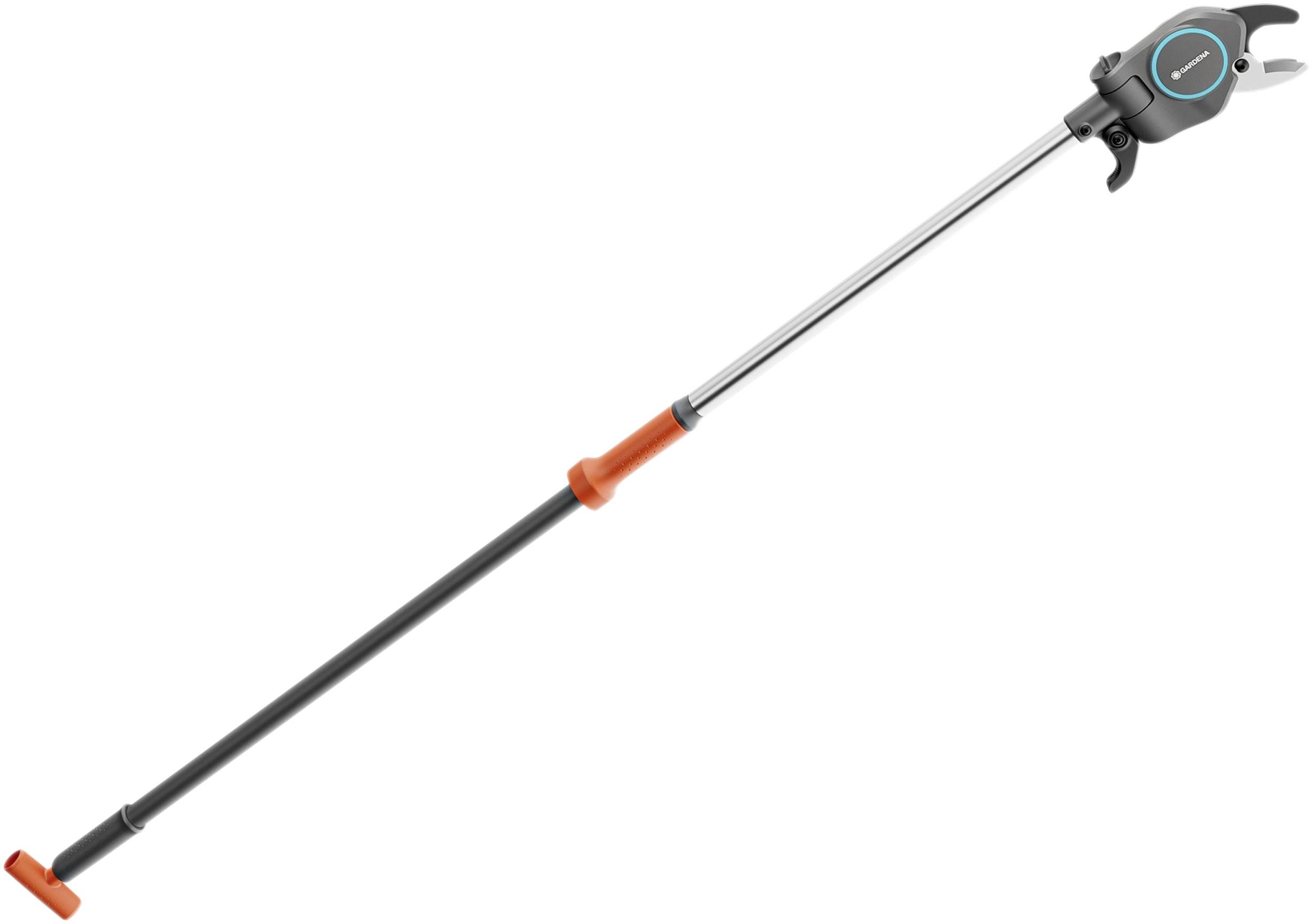 Sécateur à long manche télescopique avec des touches orange, adapté pour couper des branches hautes et des endroits difficiles d'accès.