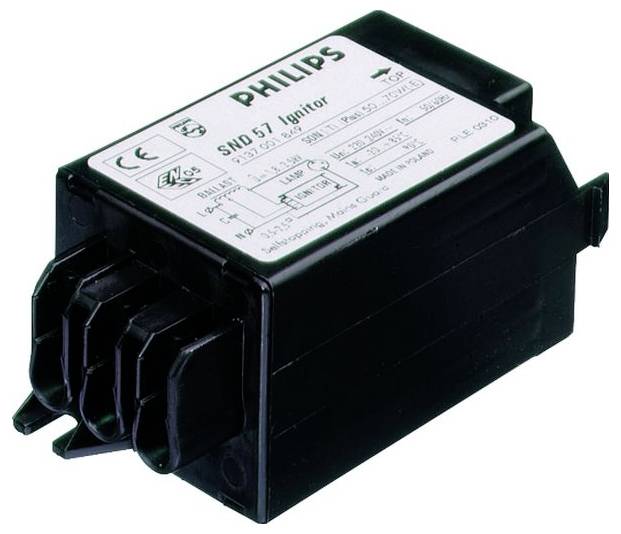 Appareil d'allumage Philips, modèle SND 57, pour lampes fluorescentes. Boîtier noir avec étiquette blanche, détails techniques imprimés.