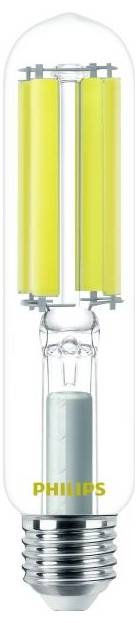 Une ampoule LED de la marque Philips avec des filaments jaunes visibles et un pas de vis métallique.