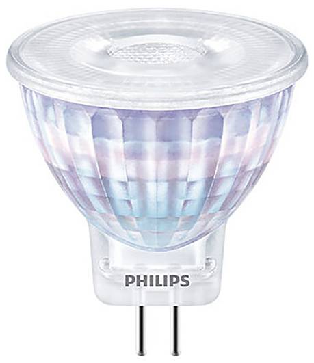 Une ampoule LED Philips, MR16 GU5.3, design transparent, pour utilisation dans des luminaires économes en énergie.
