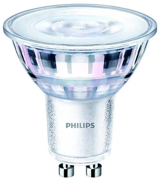 Une ampoule LED unique au format MR16, argentée avec un couvercle en verre, de la marque Philips. Adaptée à des applications d'éclairage modernes.