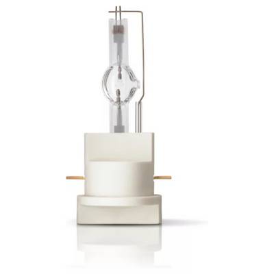 Une lampe à vapeur métallique halogène avec un bulbe cylindrique en verre transparent et un socle blanc, utilisée dans des applications d'éclairage.