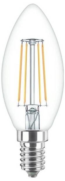 Ampoule LED en forme de bougie avec douille E14, dotée de filaments apparents imitant l'aspect d'une ampoule à incandescence classique.