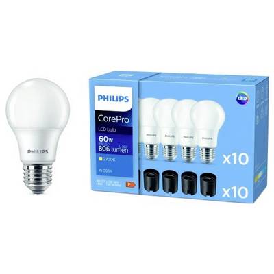 Une ampoule LED avec son emballage. Inscription 'Philips CorePro LED Bulb, 60W remplace 806 lumens, blanc chaud 2700K', lot de 10 ampoules.