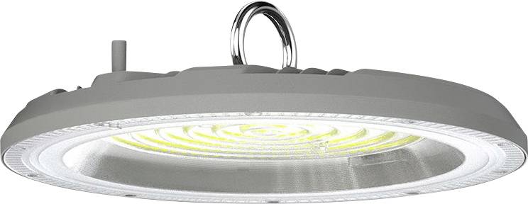 Luminaire LED rond et plat pour hall, de couleur grise, avec un crochet en haut pour la fixation, vu du dessous.