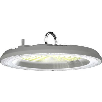 Luminaire LED rond et plat pour hall, de couleur grise, avec un crochet en haut pour la fixation, vu du dessous.