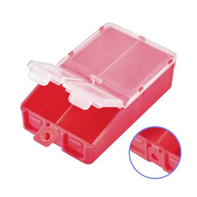 Boîte en plastique rouge, ouverte, avec plusieurs compartiments, adaptée au rangement de petits objets ; vue détaillée d'une section de compartiment.