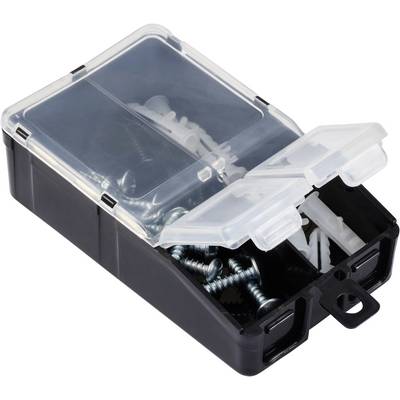 Une boîte en plastique noir ouverte contenant différentes vis et chevilles ; la boîte est composée de plusieurs compartiments.