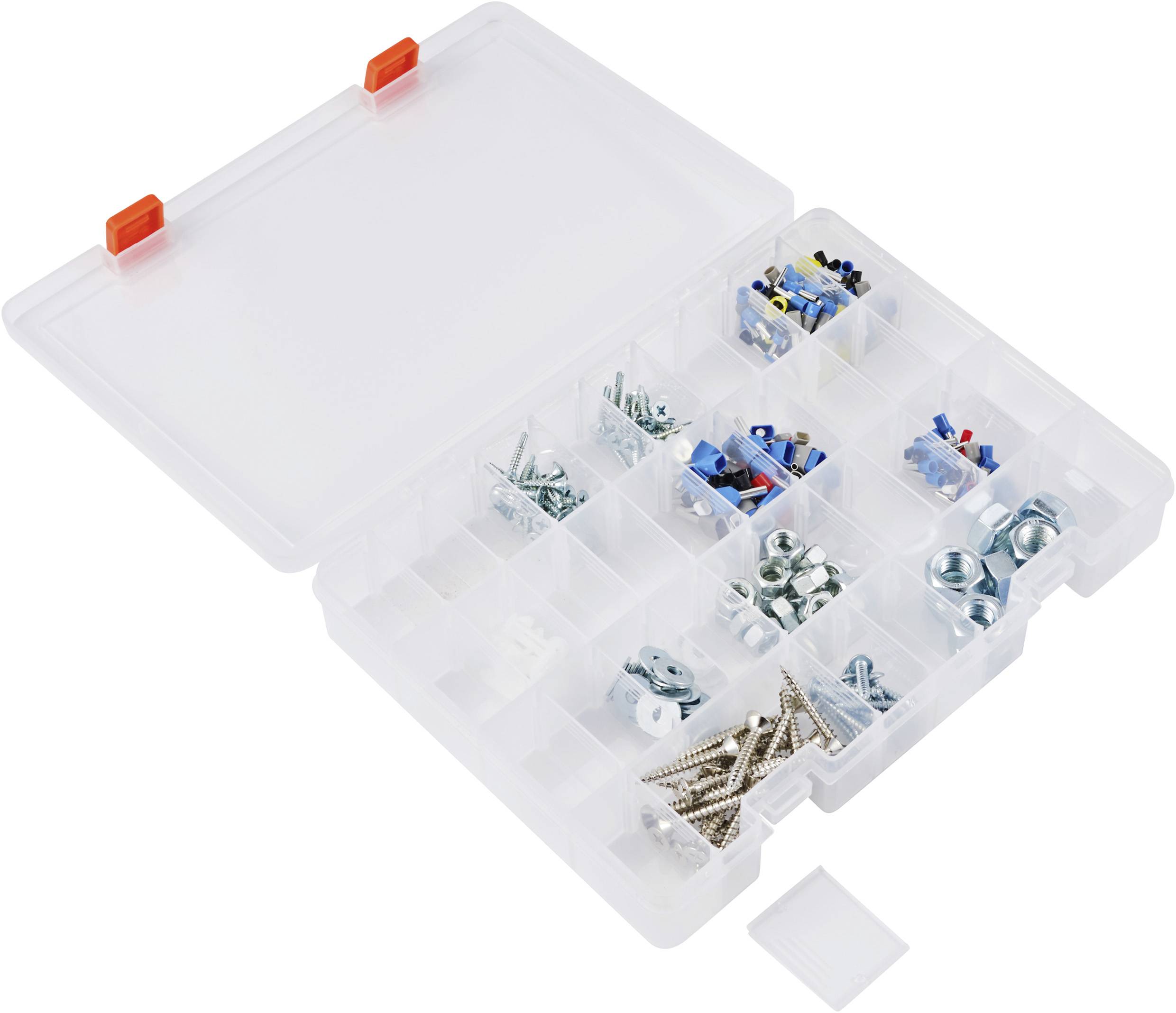 Un récipient en plastique ouvert à plusieurs compartiments, rempli de différentes vis, écrous et petits composants.