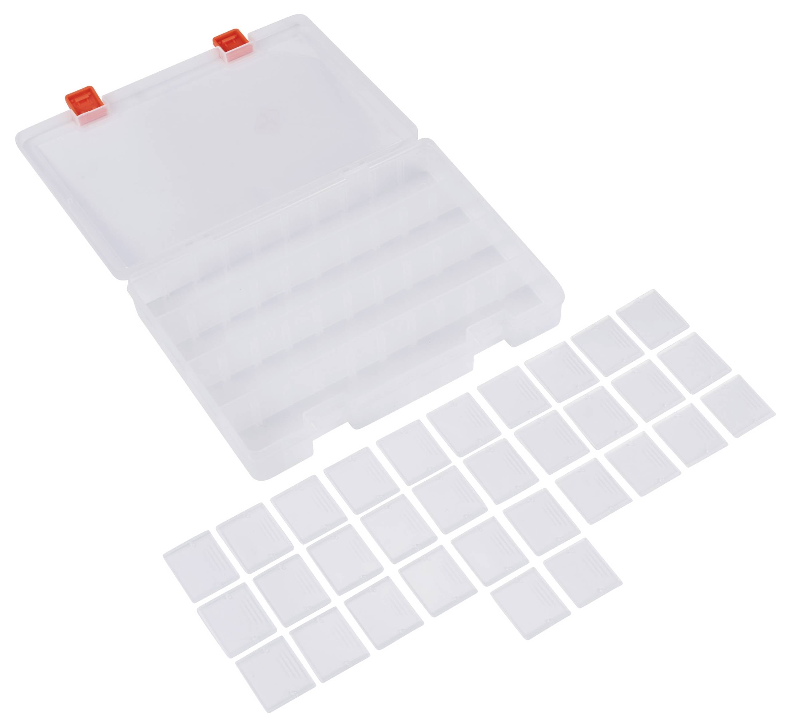 Boîte de rangement transparente avec couvercle ouvert et compartiments amovibles, avec plusieurs plaquettes rectangulaires disposées à côté.