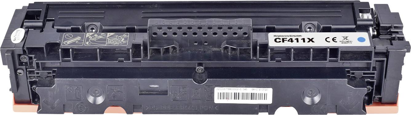 Cartouche de toner CF411X en noir, compatible avec certains modèles d'imprimantes, affichant les symboles CE et de recyclage.