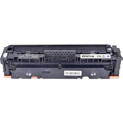 Cartouche de toner CF411X en noir, compatible avec certains modèles d'imprimantes, affichant les symboles CE et de recyclage.