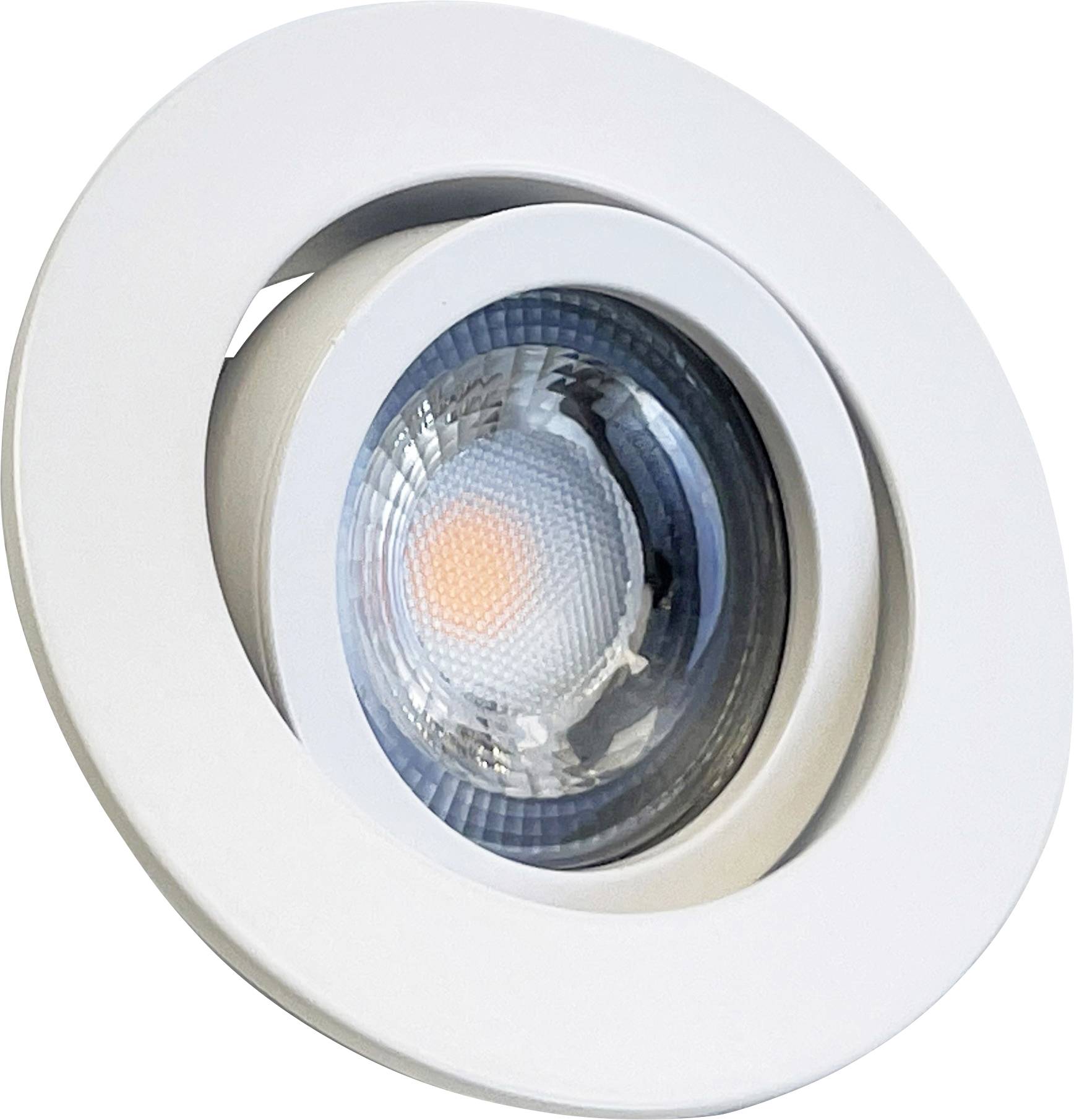 Spot LED encastrable rond avec cadre blanc et réflecteur brillant, adapté pour une installation au plafond.