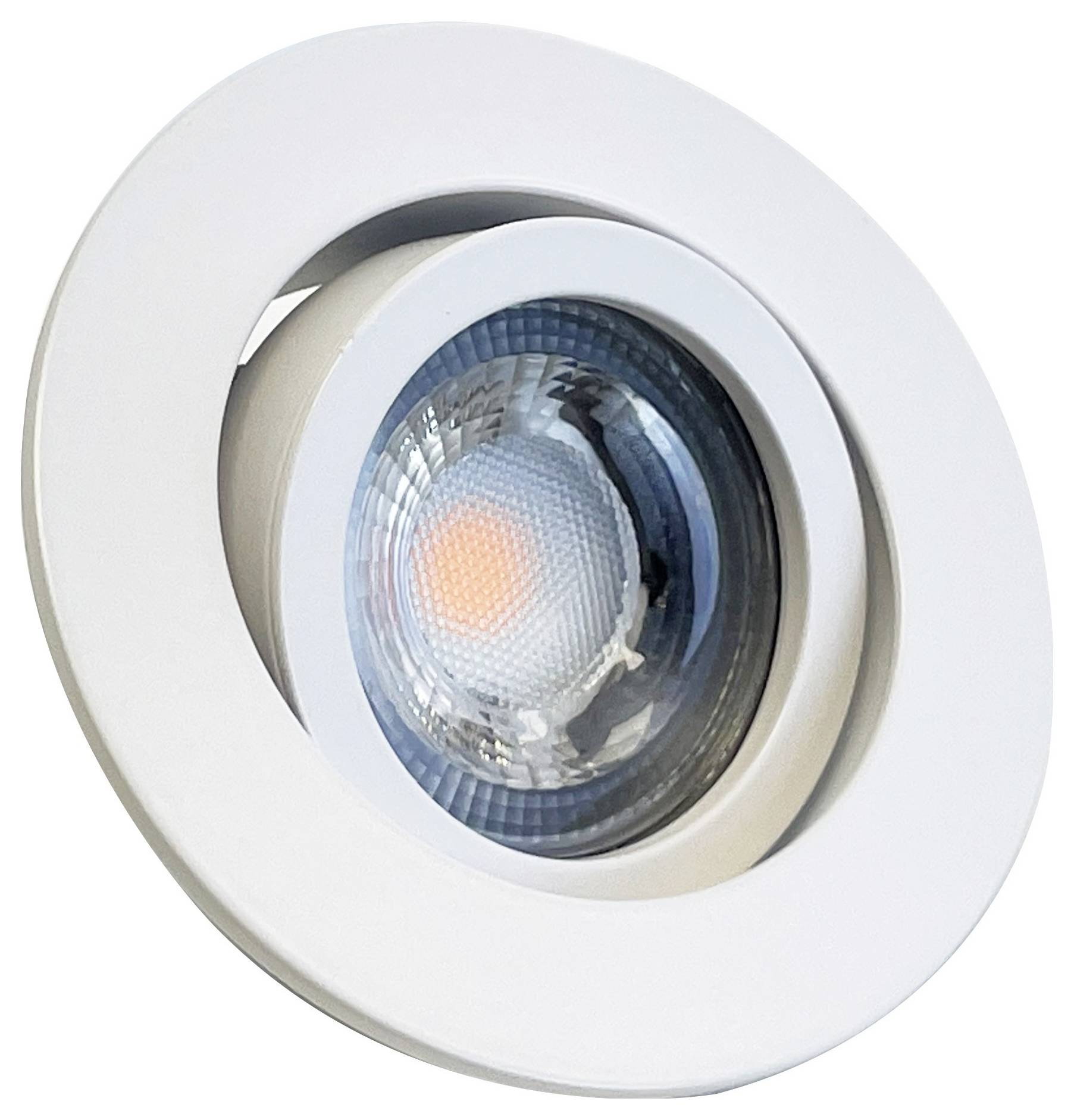 Un spot encastrable LED rond avec un boîtier blanc, doté d'un réflecteur central bleu-gris et d'un centre lumineux de couleur orange.