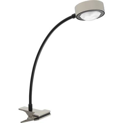 Lampe à pince avec col flexible en noir, tête de lampe argentée et base à clip. Adaptée pour un éclairage ponctuel sur les bureaux.