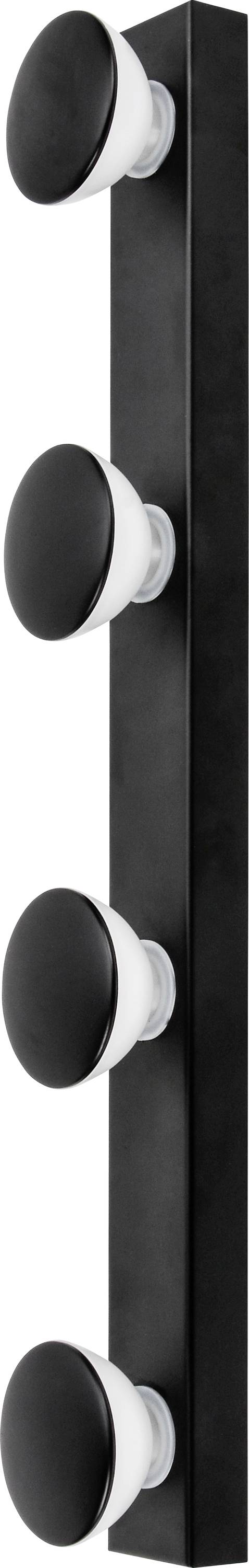 Support mural noir avec quatre crochets ronds noirs disposés verticalement, conçu pour le rangement ou la suspension d'objets.