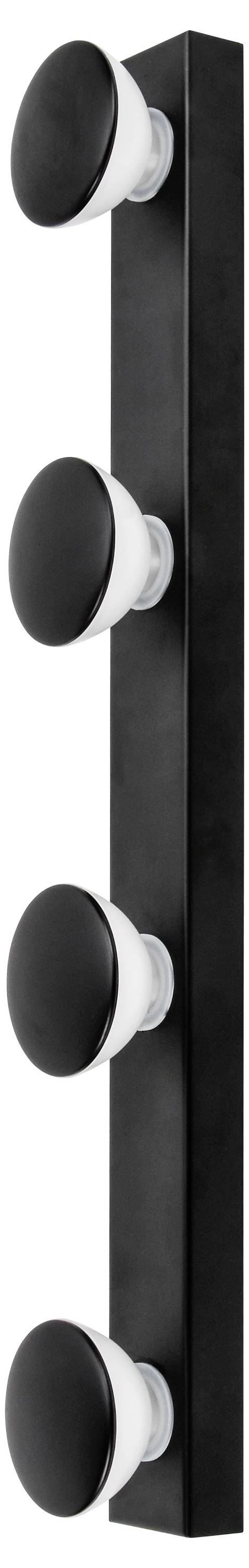 Une barre verticale noire avec quatre lampes rondes noires sur un fond blanc.