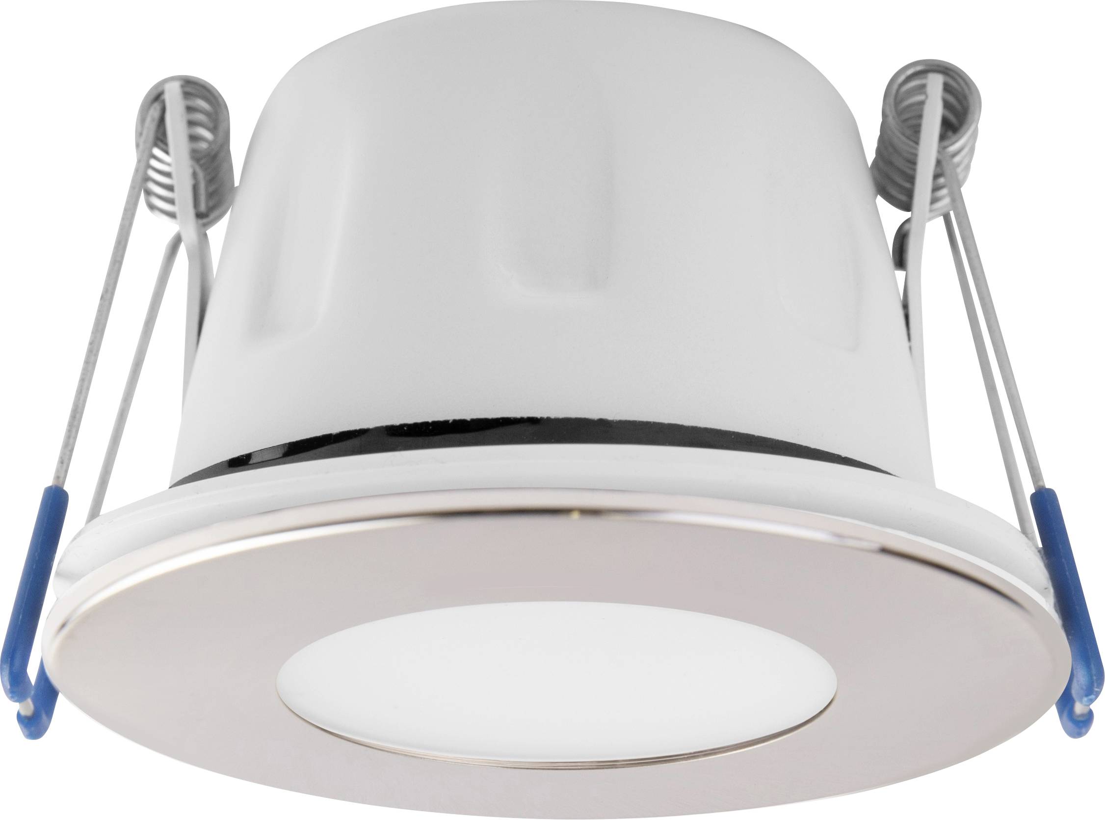 Projecteur de plafond LED blanc, rond, avec des clips de fixation sur les côtés, adapté pour l'installation dans des faux-plafonds.