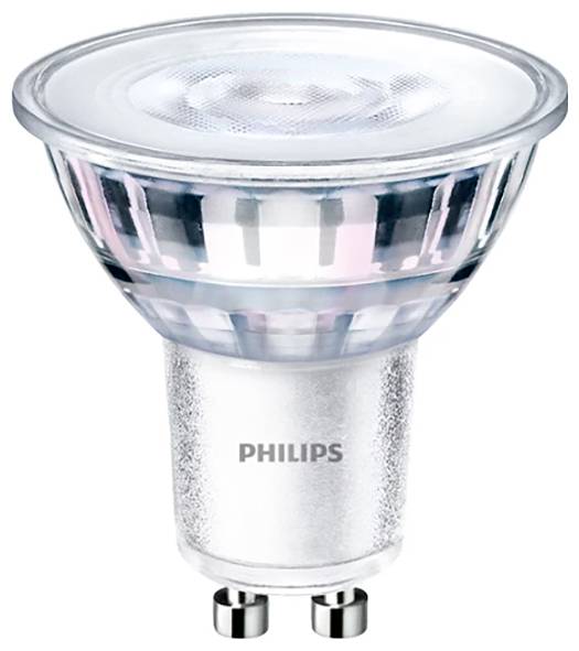 Une lampe LED à culot GU10 de Philips, de couleur argentée, adaptée à l'éclairage économe en énergie dans les espaces résidentiels et commerciaux.