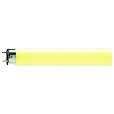 Une tube fluorescent jaune en gros plan sur un fond blanc.