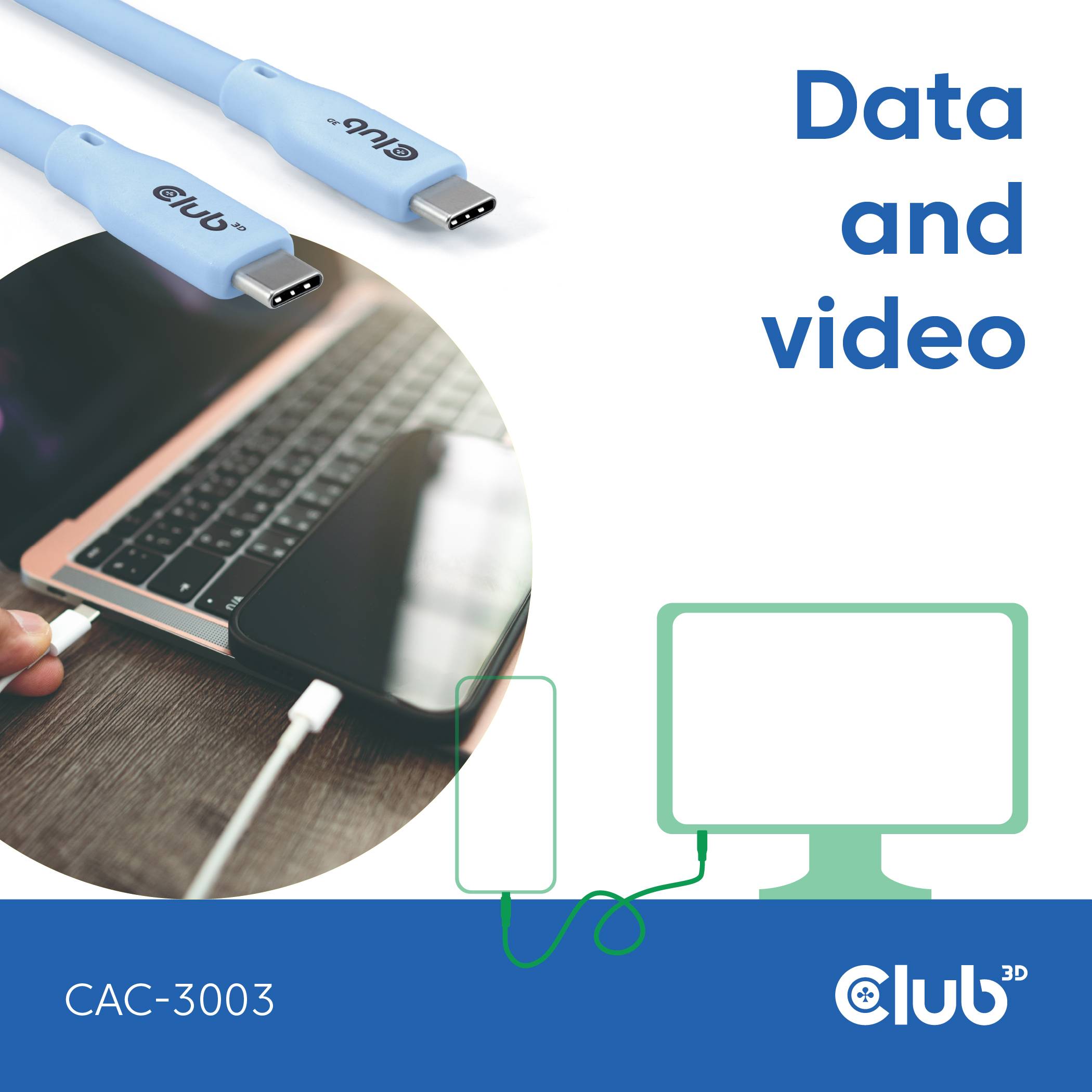club3D Câble USB-C USB4™ USB-C® mâle 2.00 m bleu CAC-3003-4