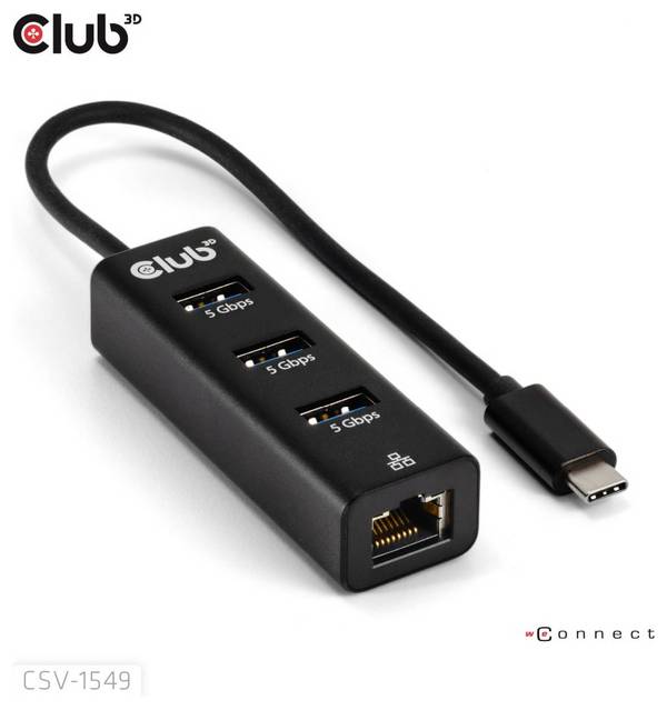 club3D USB-C® Adaptateur [1x USB-C® mâle - 4x USB 3.0 femelle interne 19 pôles, RJ45 femelle] CSV-1549 0.17 m