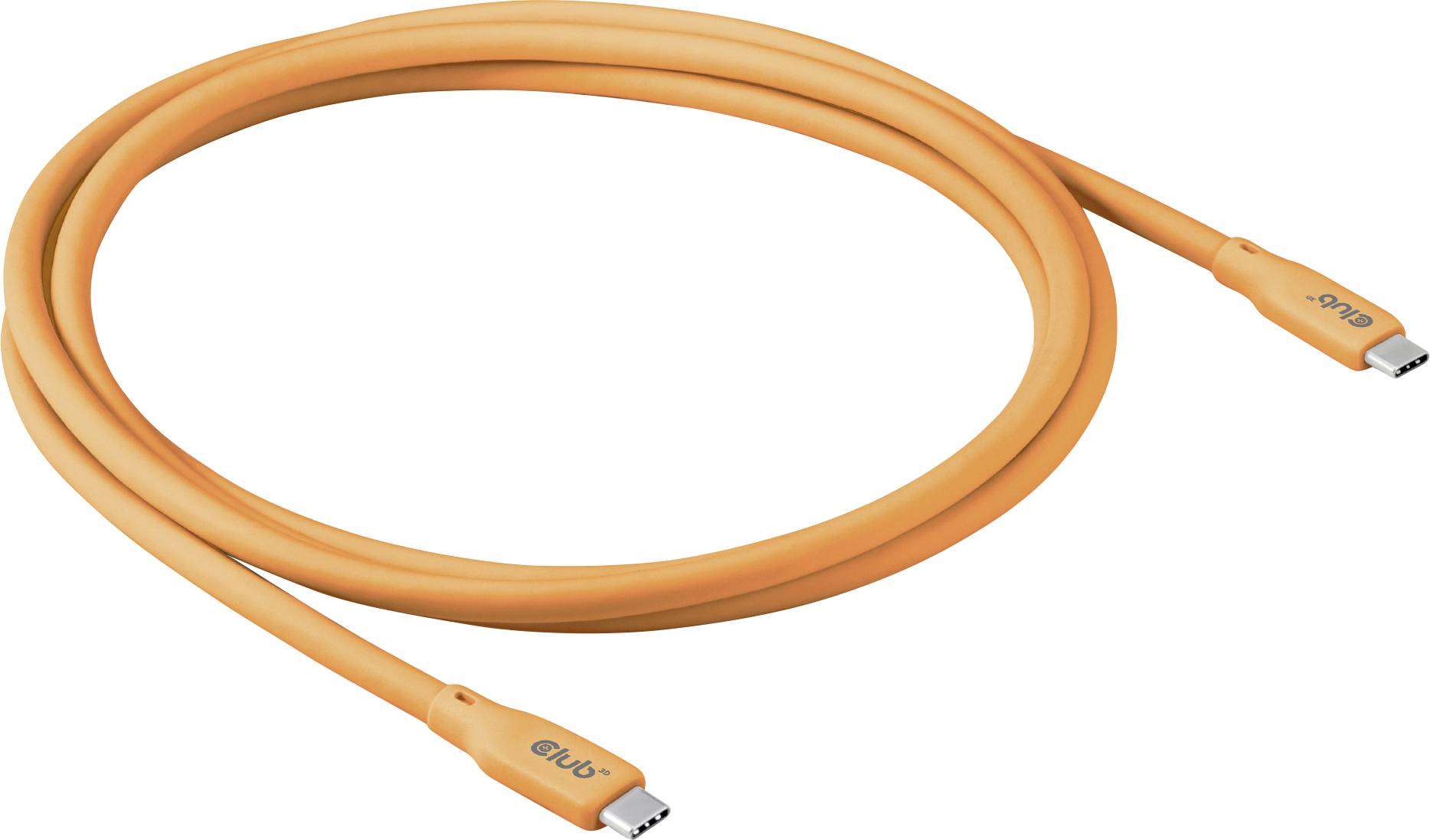 Un câble USB orange avec des connecteurs USB-C aux deux extrémités, disposé en forme de boucle.