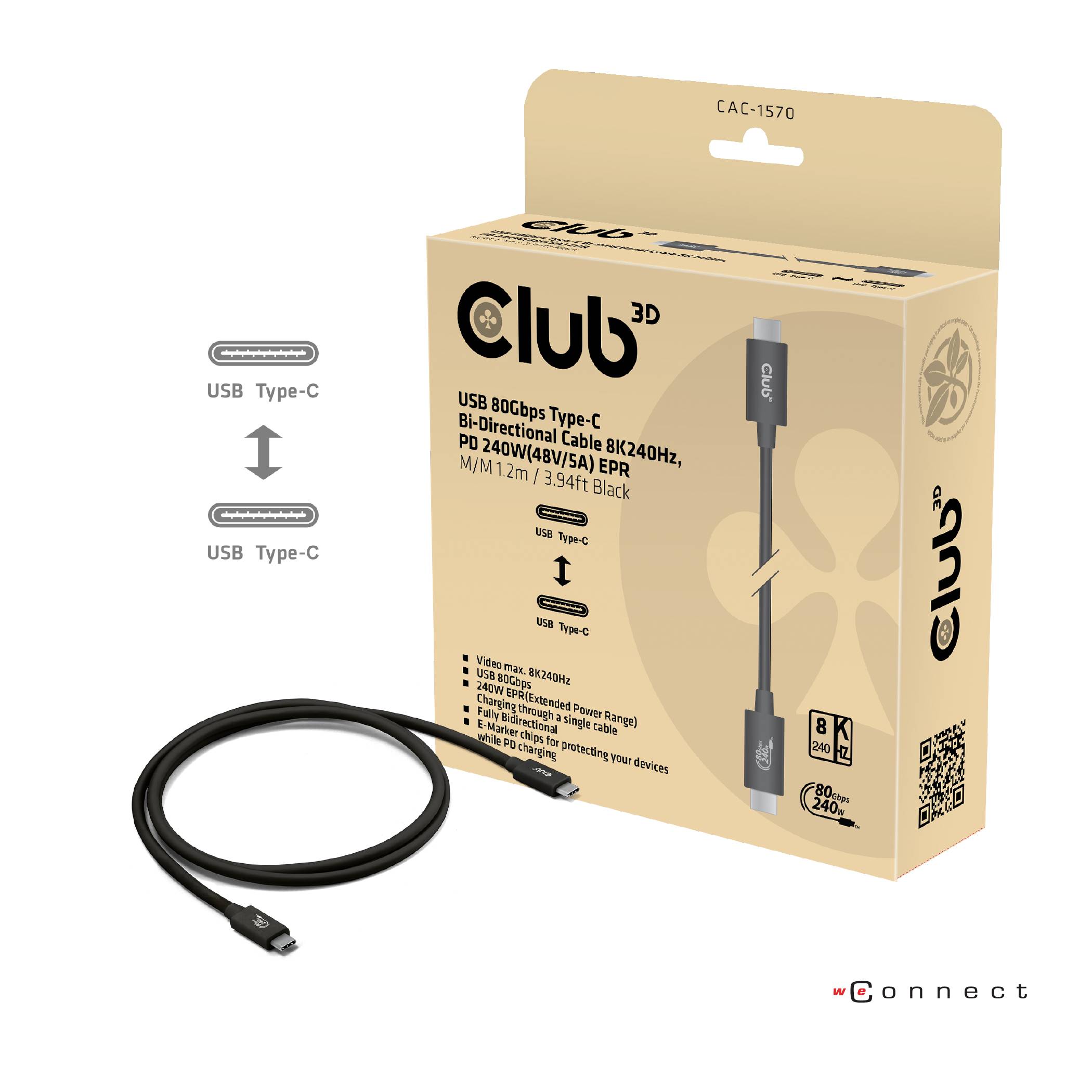Câble et emballage USB-C 3.1. Deux connecteurs USB-C avec une puissance de 240 W. Pour un transfert rapide de données et d'énergie.