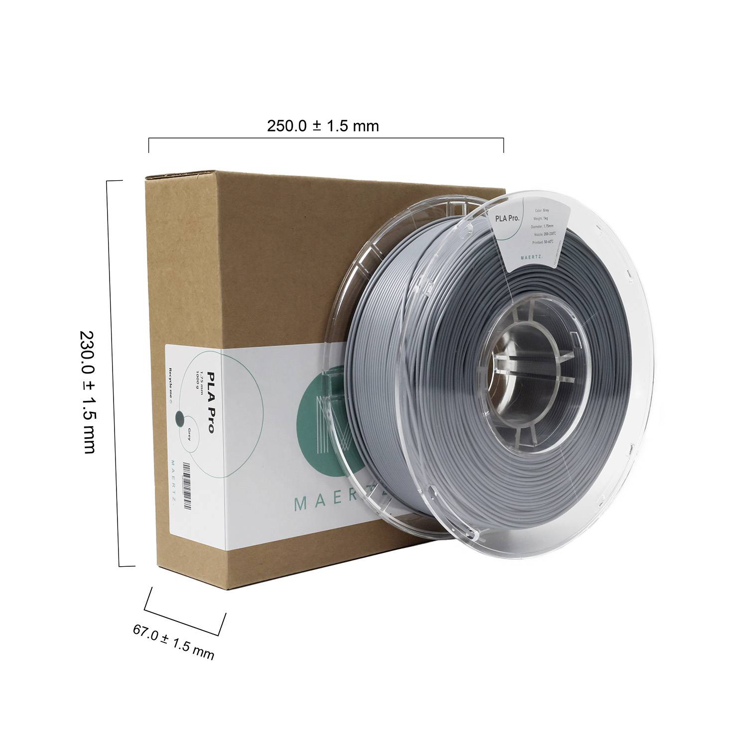 Boîte en carton à côté d'une bobine de filament en PLA Pro. Les dimensions sont 250,0 ± 1,5 mm x 230,0 ± 1,5 mm x 67,0 ± 1,5 mm.