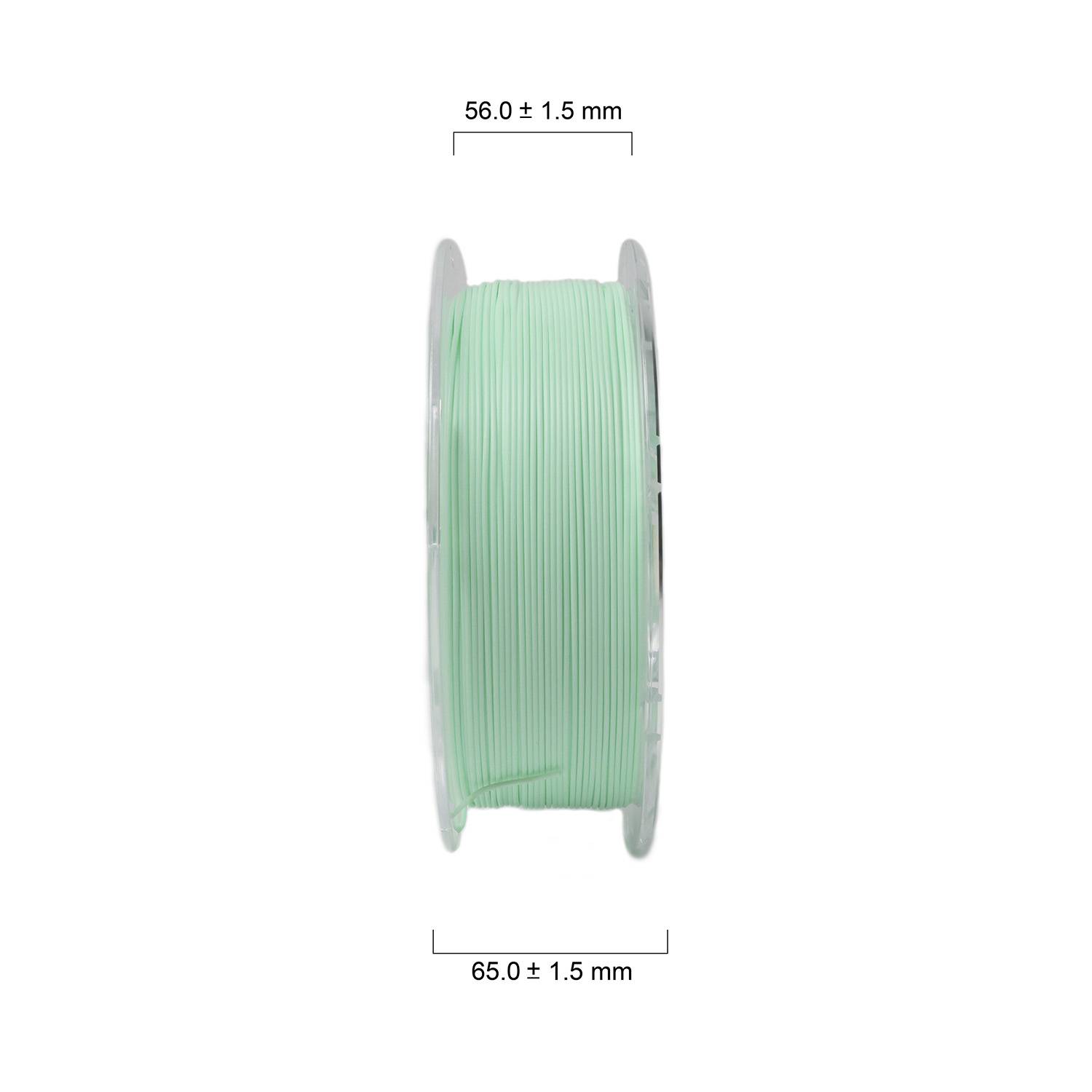 Rouleau de filament vert pour imprimante 3D d'un diamètre de 56,0 ± 1,5 mm et d'une largeur de 65,0 ± 1,5 mm. Idéal pour des impressions précises.