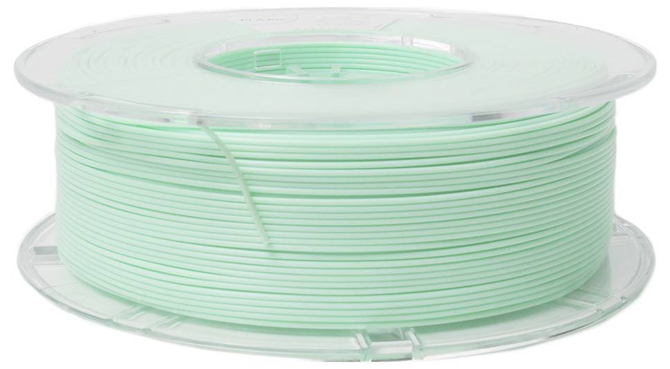 Un rouleau de filament d'impression 3D vert menthe, vu de côté, sur un noyau de bobine en plastique transparent.