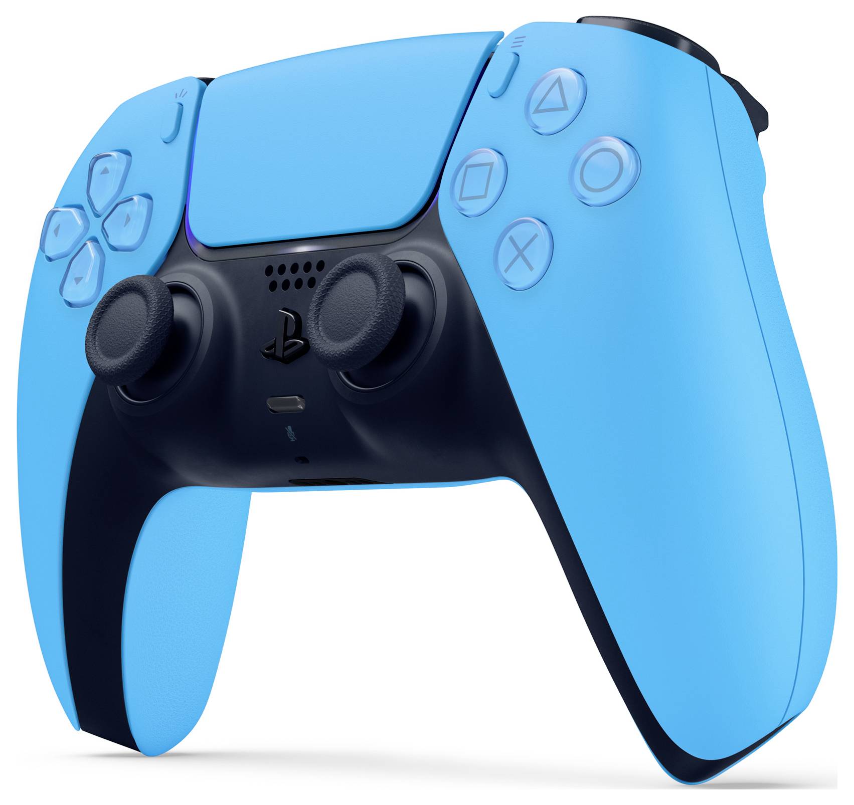 Une manette de jeu bleu vif avec deux joysticks, une croix directionnelle et plusieurs boutons pour une console de jeux vidéo.
